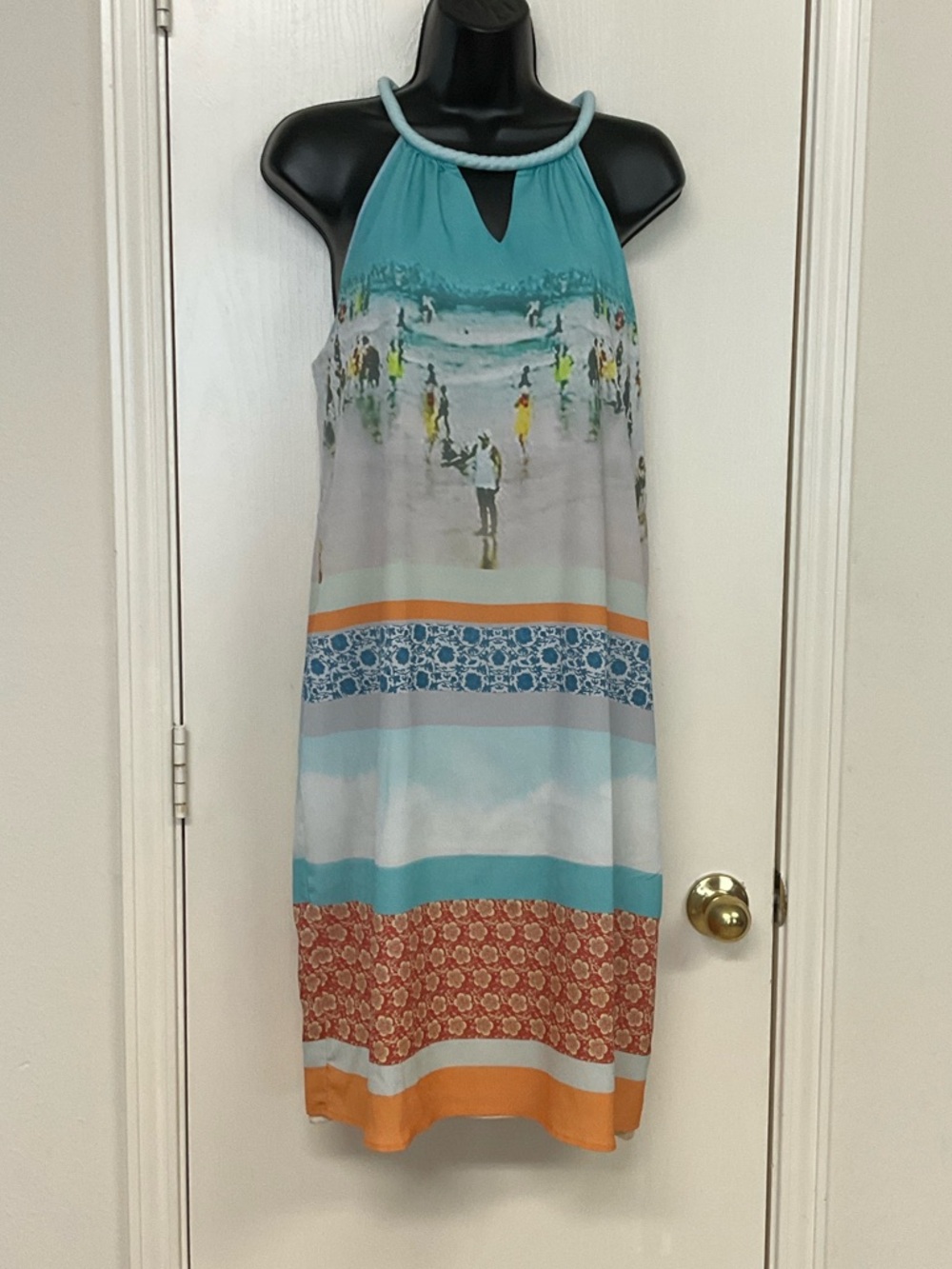Dream Dailey Halter Midi Dress with Beach Print and Orange Stripe